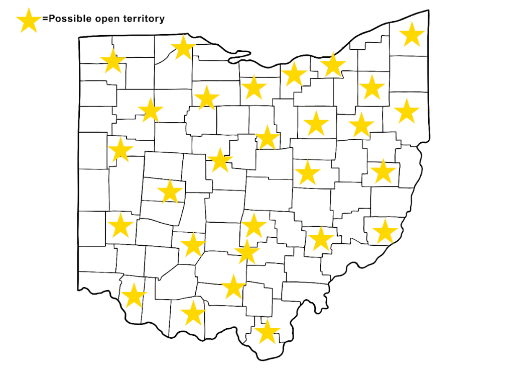 Map of Ohio showing open territories available for Reserve Memorials licensees