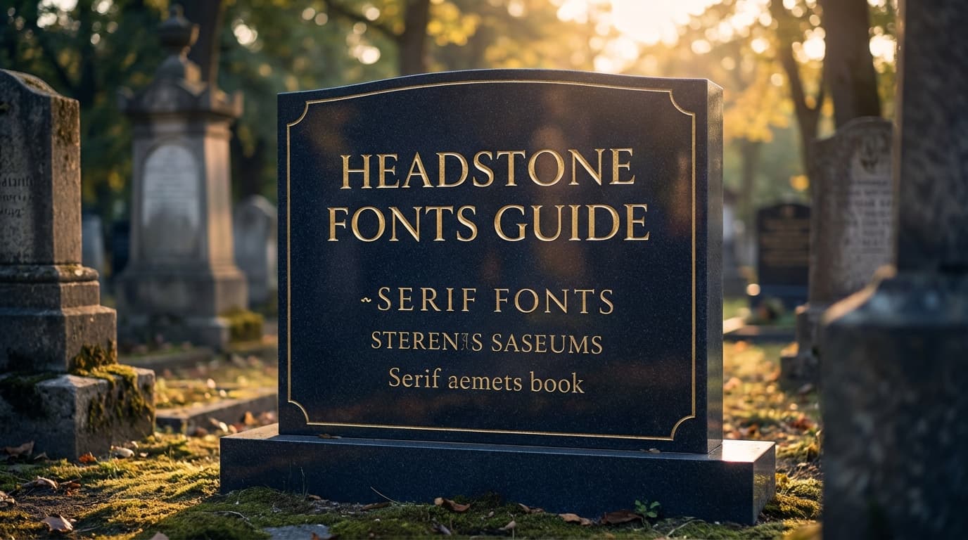 Gravestone fonts guide showing popular headstone lettering styles on polished granite memorial