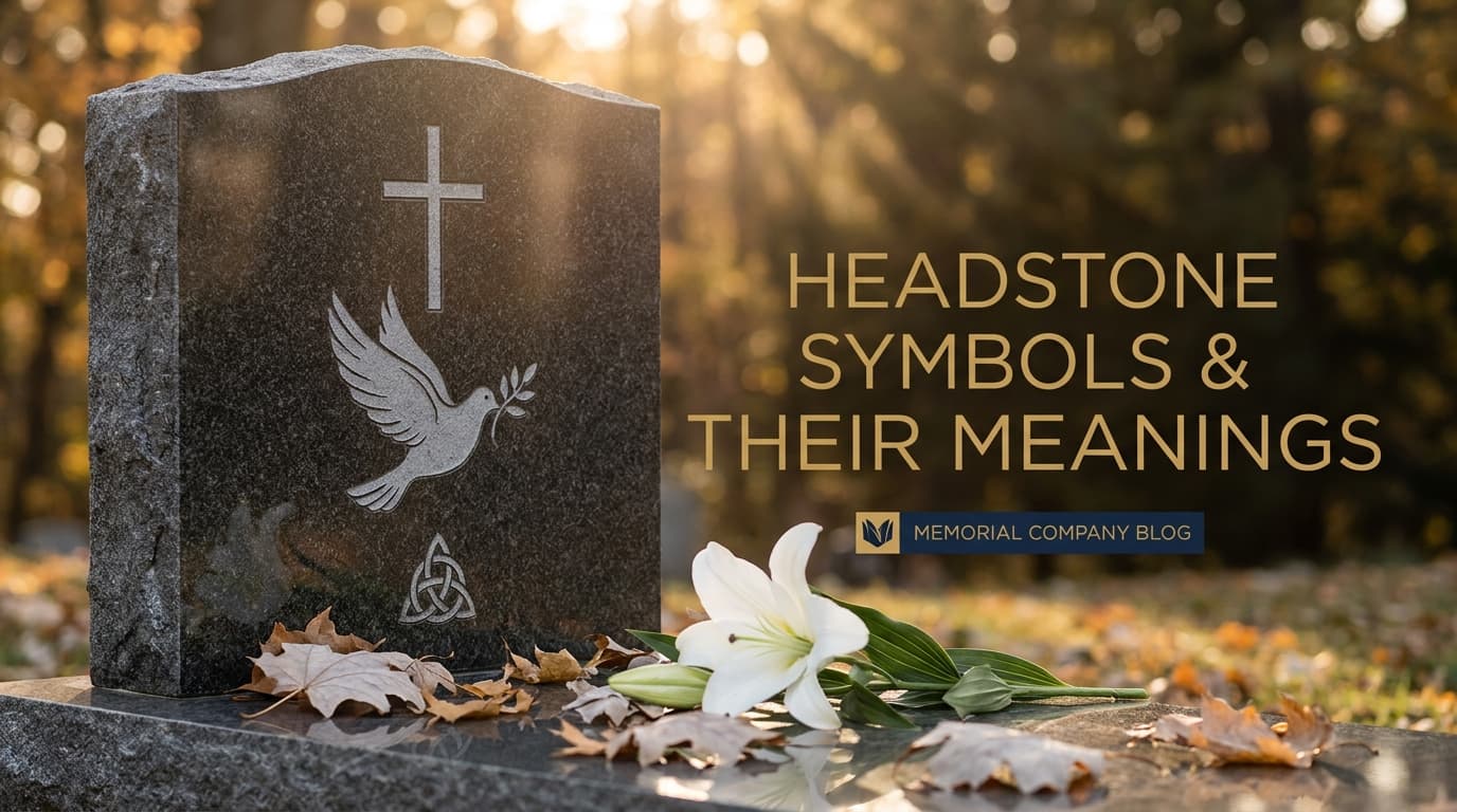 Close-up of a granite headstone in a peaceful Ohio cemetery showing carved memorial symbols including a cross, dove, and Celtic knot at golden hour