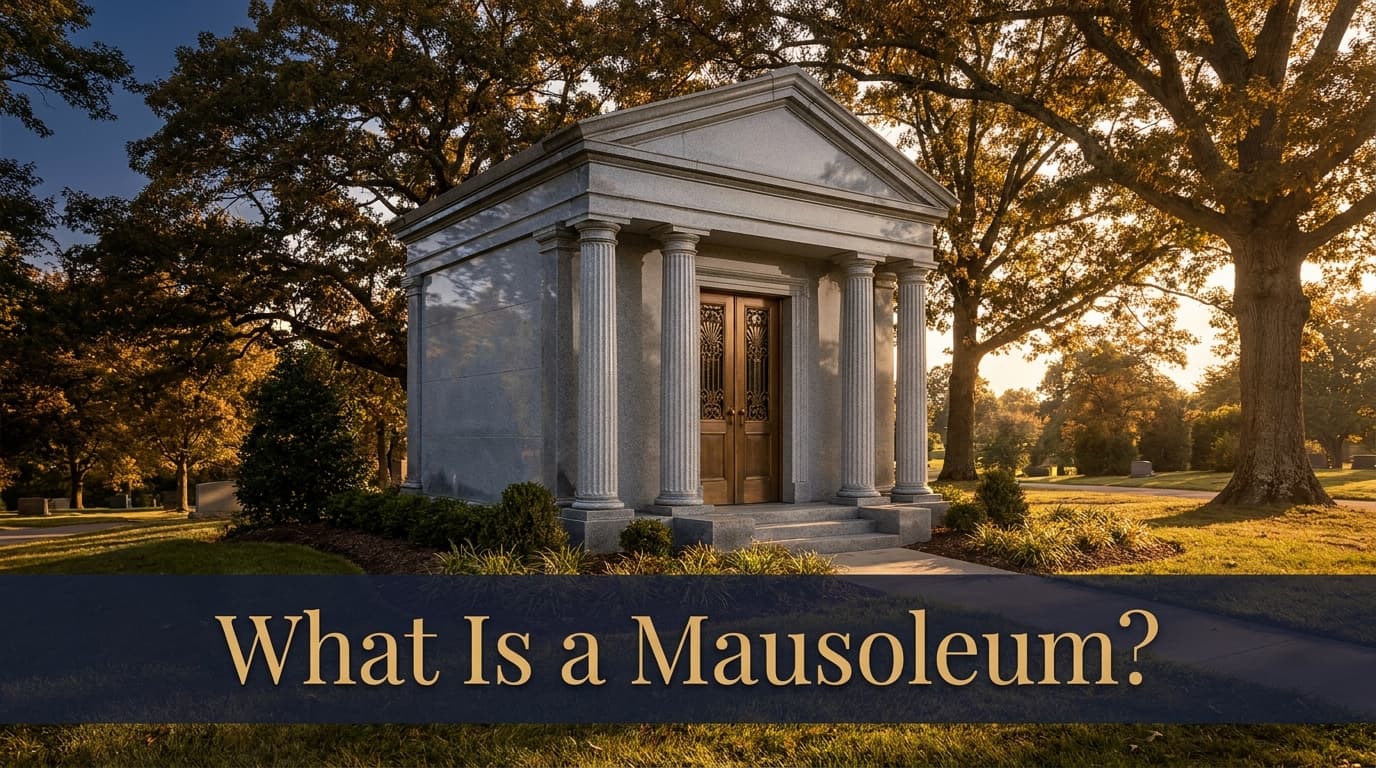 What is a mausoleum - granite family mausoleum with columns in a peaceful Ohio cemetery at golden hour